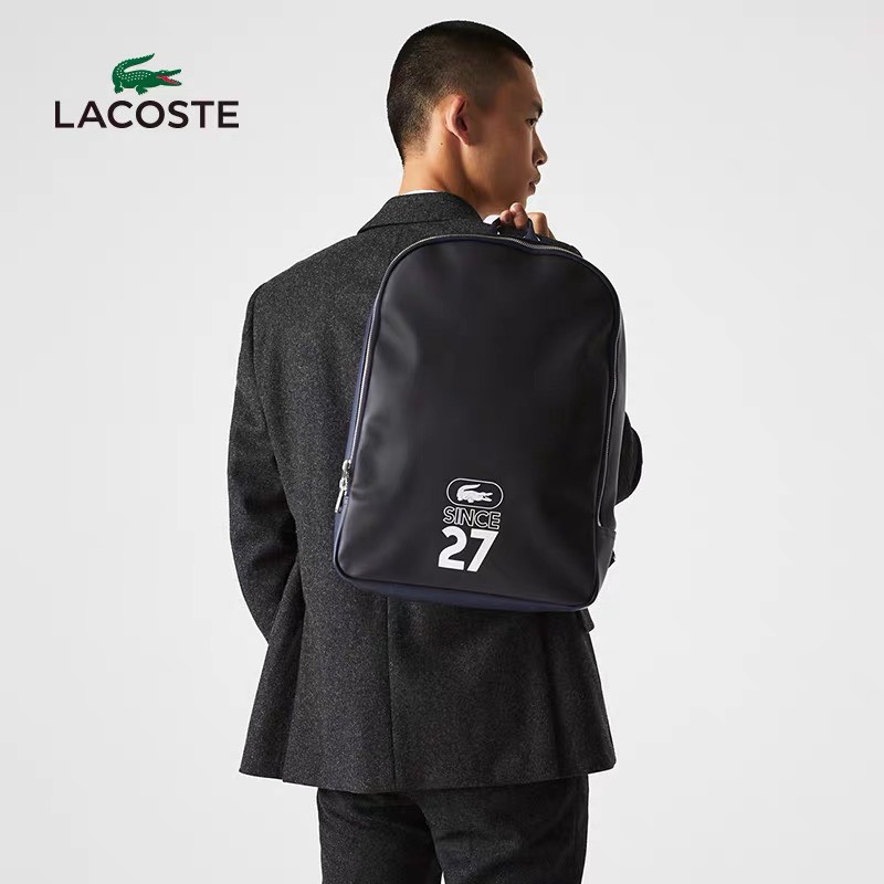 Balo thời trang Lacoste da đen, phối xanh dương chuẩn hãng