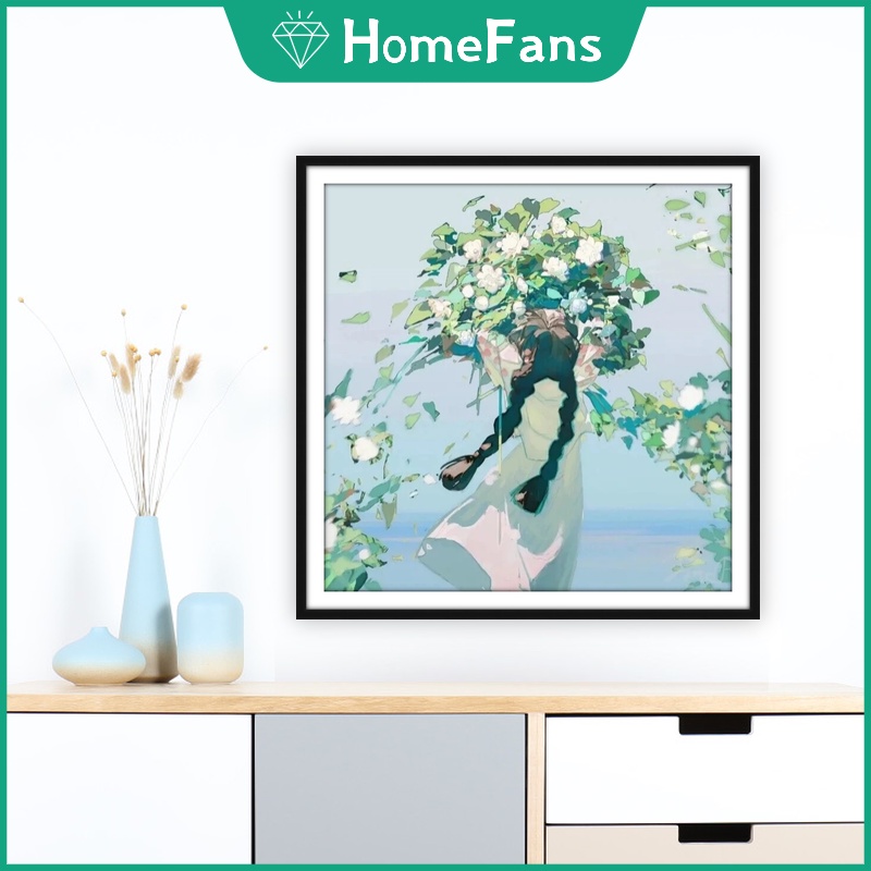 Bộ Tranh Đính Đá 5D Họa Tiết Cô Gái Và Hoa Độc Đáo Kích Thước 40x40cm/50x50cm DIY Dùng Trang Trí Nhà Cửa