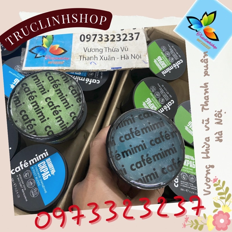 Dầu gội tẩy da chết Cafe Mimi Shampoo Scrub Super Volumn Cleansing màu xanh lá dành cho tóc dầu đến siêu dầu 330 ml