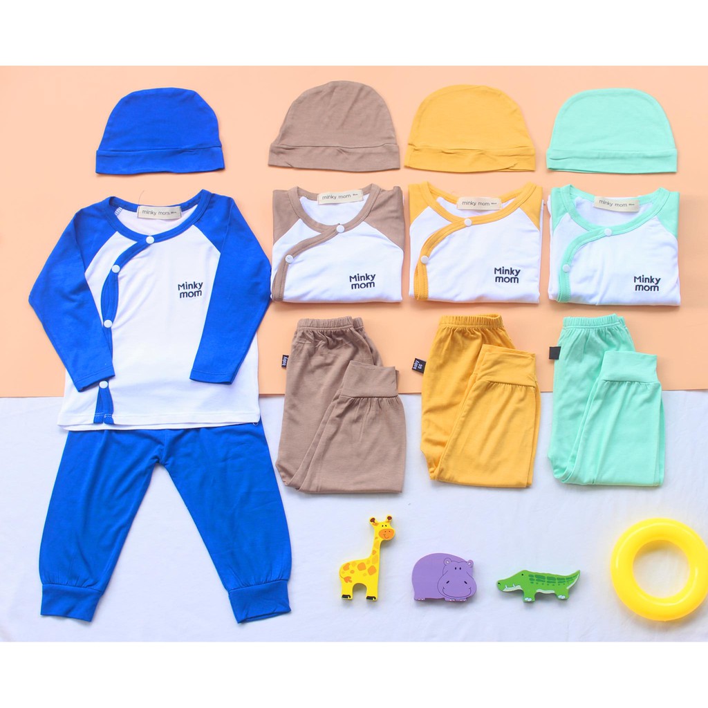 [GIẢM GIÁ] Bộ Sơ Sinh Cài Nút Chéo Kèm Nón Minky Mom