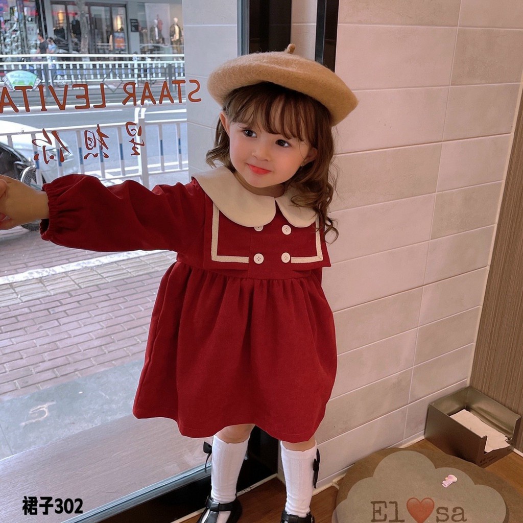 Váy đỏ tết cho bé gái - Váy nhung tăm đỏ dài tay phối cúc 2 hàng siêu xinh cho bé 1-5 Tuổi