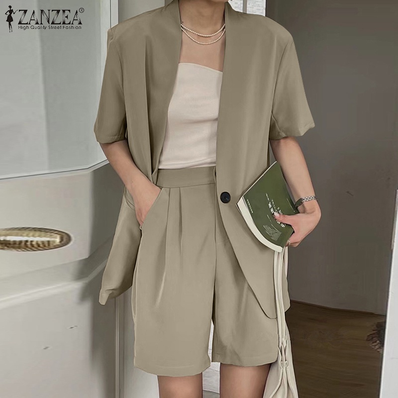 Zanzea Set Áo Thun Ngắn Tay Cổ Tròn + Quần Short Lưng Cao Thời Trang Nữ