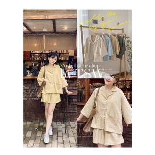 Set áo đũi tay lỡ kèm short ống rộng xoè, set linen ( Ảnh thật )