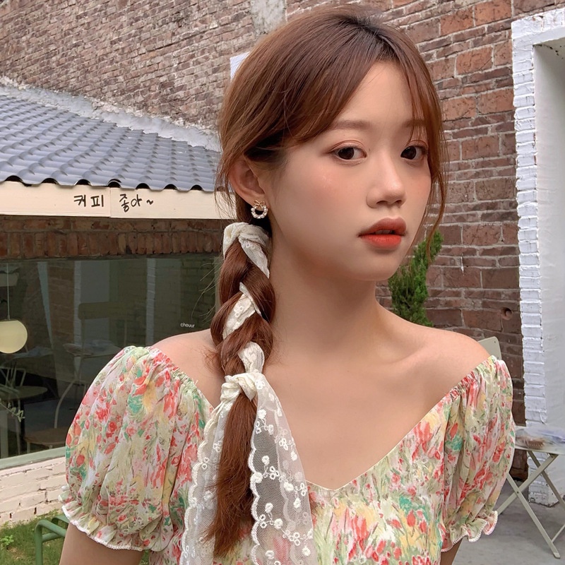 Băng Đô Cài Tóc Phối Ren Và Ngọc Trai Dễ Thương Phong Cách Hàn Quốc