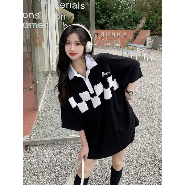 Jiashucheng Áo Thun Nữ Tay Ngắn Dáng Dài Rộng Họa Tiết Caro Màu Sắc Tương Phản Thời Trang Mùa Hè
