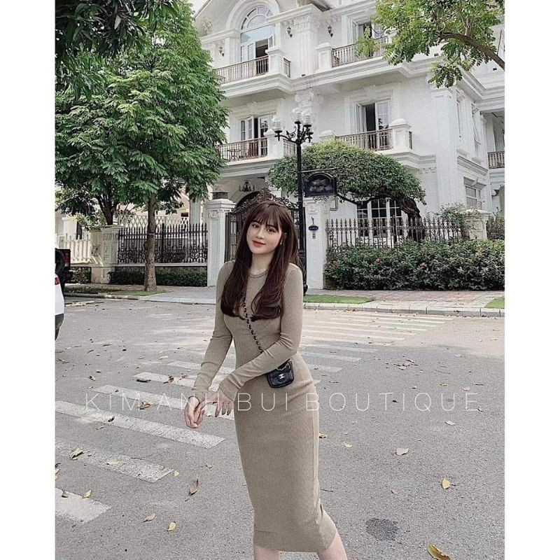 Váy body len tăm cổ tròn