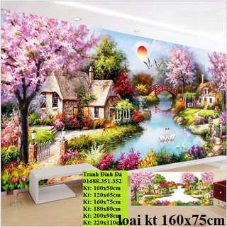 Tranh đính đá phong cảnh ngôi nhà tổ ấm hạnh phúc kt 160x75cm