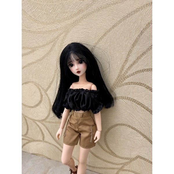 Set áo trễ vai đen quần nâu size blythe,xinyi,barbie