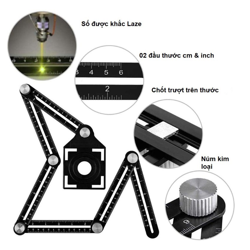 Thước Đo Đa Góc - Thước Đo 6 Góc Gấp Lỗ Định Vị Đa Năng Bằng Hợp Kim Nhôm