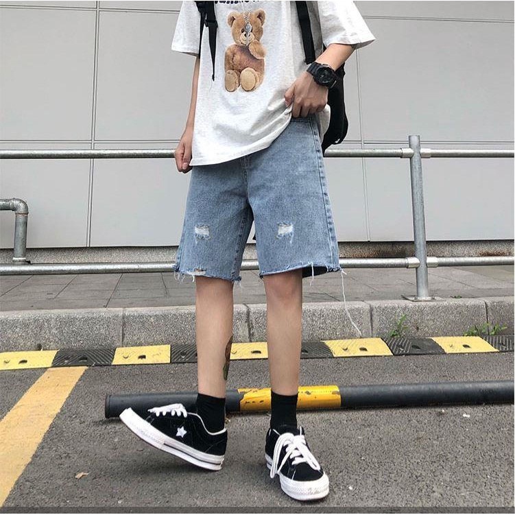 Quần short jean nam rách gấu ống rộng màu xanh 03 2107 Pon.mens