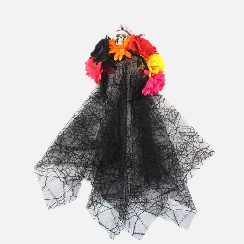 Băng Đô Cài Tóc Màu Đen Đính Mạng Che Mặt Đầu Lâu Hoa Cho Nữ