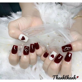 Bộ móng tay giả nail box móng úp màu đỏ vẽ thiết kế tặng kèm keo