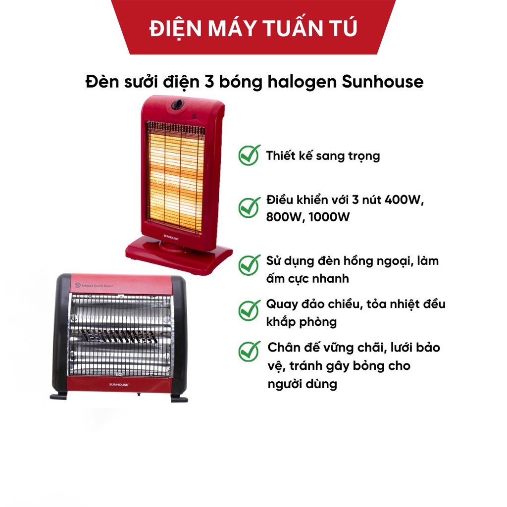Đèn sưởi điện 3 bóng halogen Sunhouse SHD7016 , Đèn sưởi 3 bóng  , Đèn sưởi 2 bóng  , Bảo hành 12 tháng