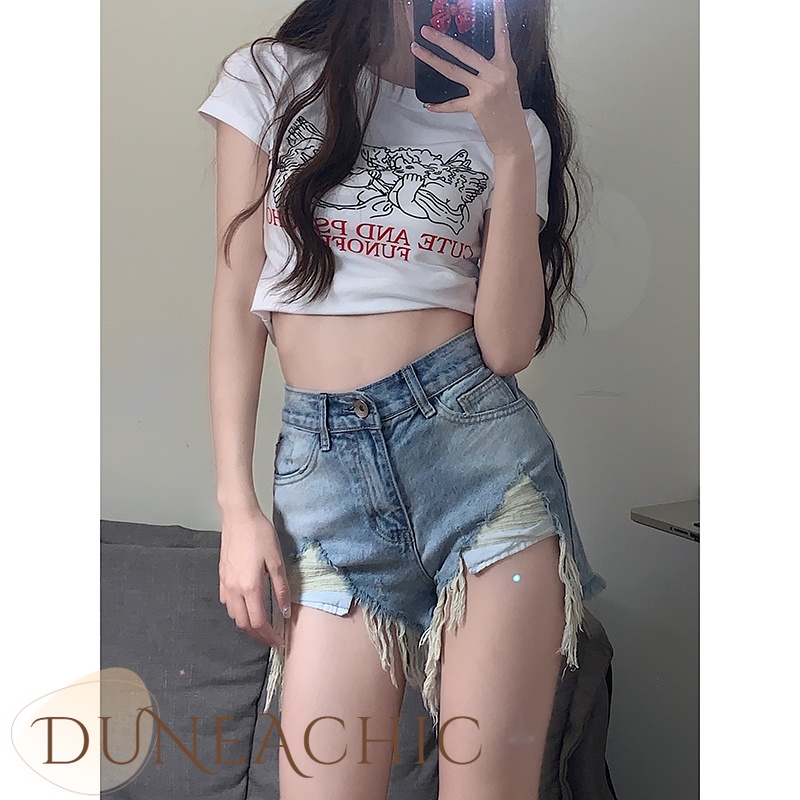DUNEA Quần Jeans Lưng Cao Thiết Kế Xẻ Rách Cá Tính