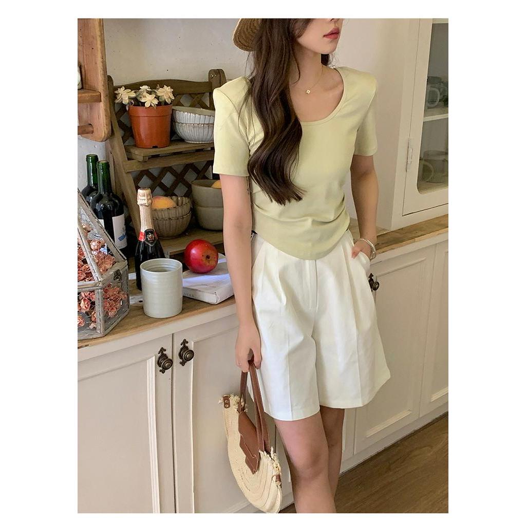 Áo Thun Tay Ngắn Dáng Ôm Co Giãn Màu Trơn Thời Trang Mùa Hè 61589