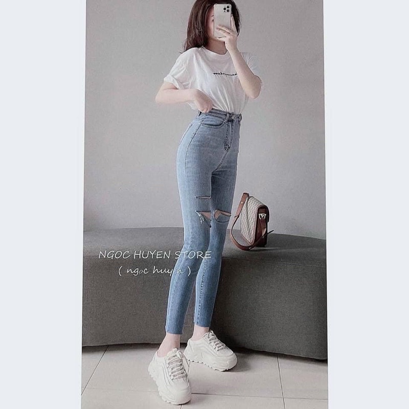 Quần jeans loang ôm giãn cắt rách gối cá tính