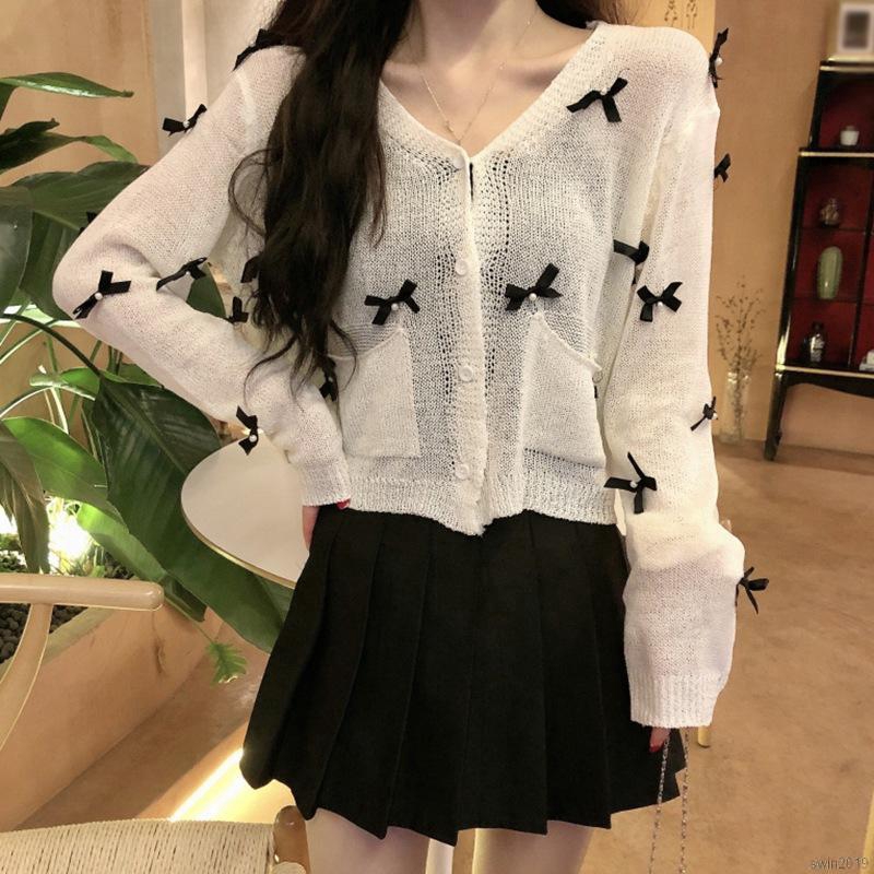Women Small Knitted Bow Decoration Long-sleeved Slim Sunscreen Jacket Ladies Breathable Sweet Cardigan