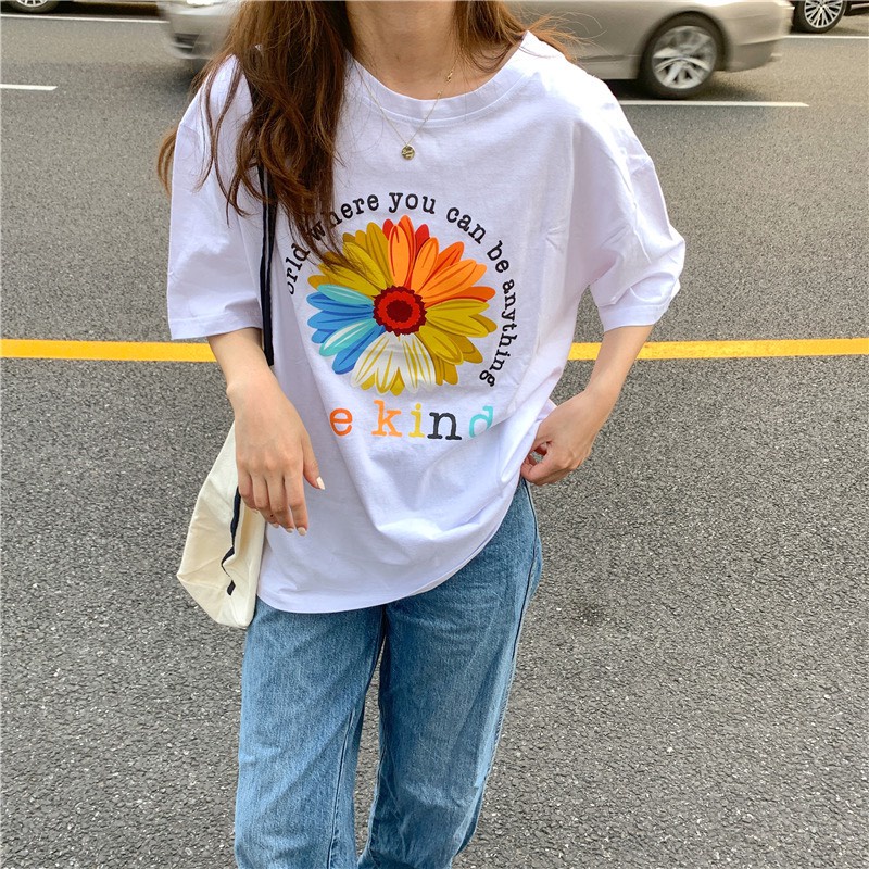 Áo Thun Hoa BeKind Áo Thun Tay Lỡ Form Rộng Unisex 38-65kg Nam Nữ Phong Cách Ullzang