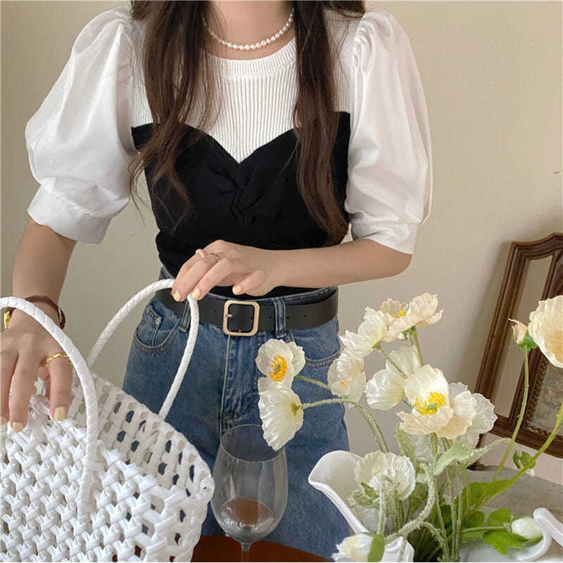 Áo nữ áo kiểu hàn quốc Áo Sweater Mỏng Tay Phồng Ngắn Màu Sắc Tương Phản Thời Trang Dành Cho Nữ 2022
