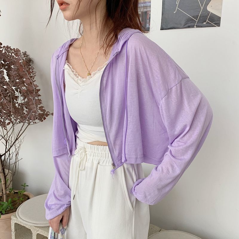 Jiashucheng Áo Khoác Cardigan Mỏng Có Nón Tay Dài Chống Nắng Phong Cách Mới Dành Cho Bạn Nữ Mặc Ngoài Trời