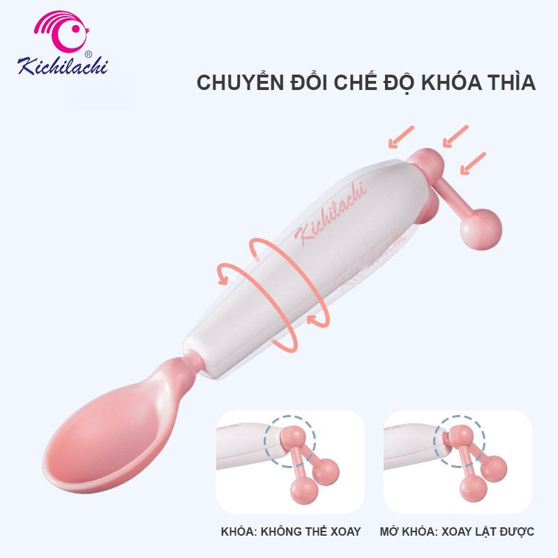 Thìa ăn dặm CẢM BIẾN NHIỆT xoay 360 độ Kichilachi Chính Hãng an toàn cho bé