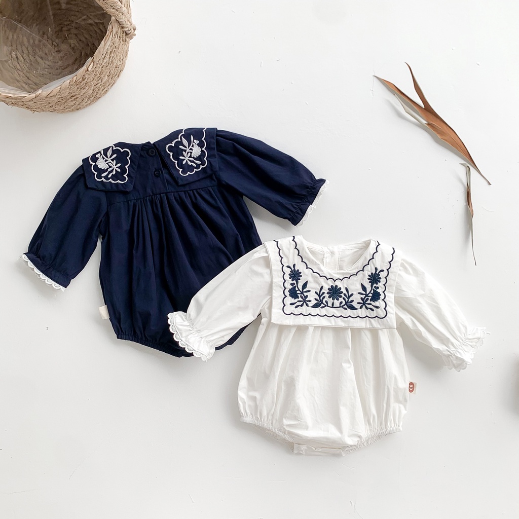 Áo liền quần cotton tay dài màu trắng/ navy họa tiết thêu cho bé gái 0-24 tháng tuổi