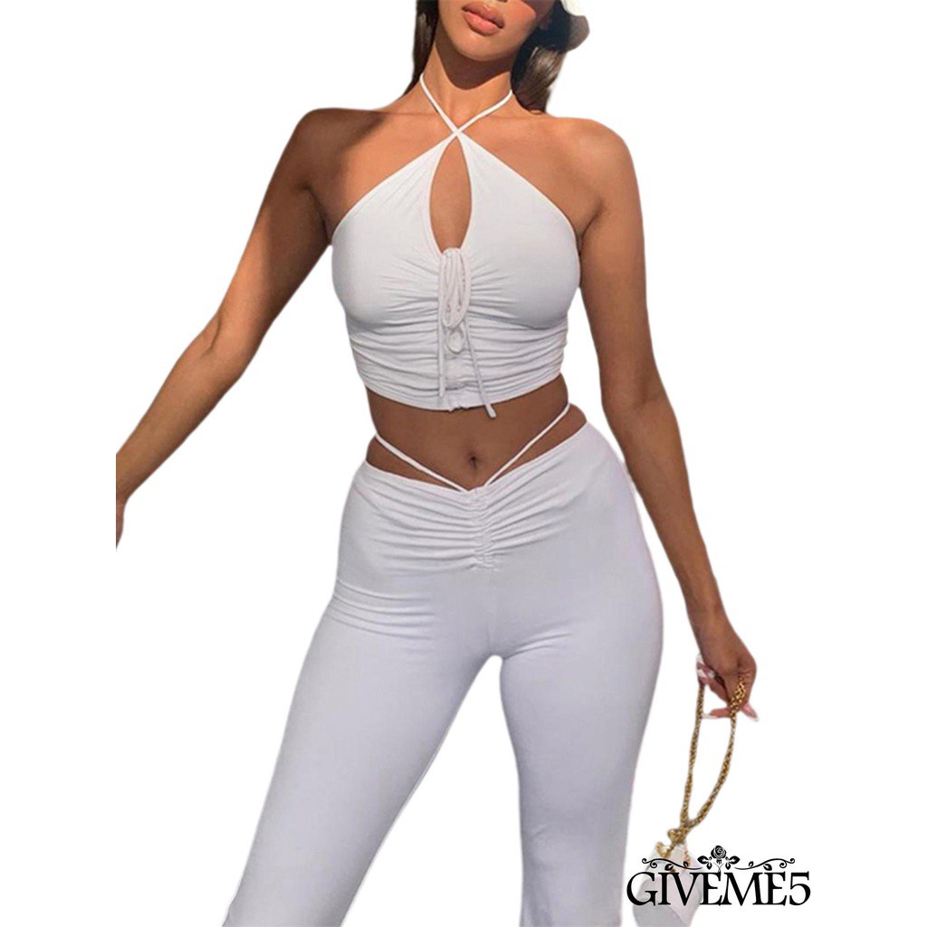 Set Áo Lửng Hai Dây Và Quần Dài Ống Loe Thời Trang Quyến Rũ Dành Cho Nữ