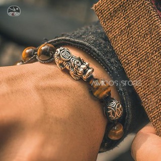 Vòng tay phong thủy handmade đá mắt hổ vàng + charm Tỳ Hưu Bạc
