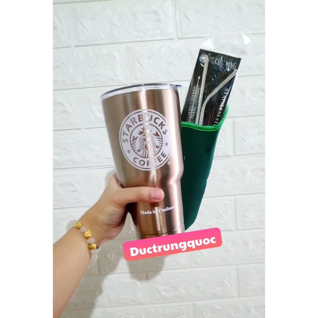 Ly Giữ Nhiệt Thái Lan 900ml Tặng 2 Ống Hút Inox + Cọ Rửa Và Túi Chống Sốc
