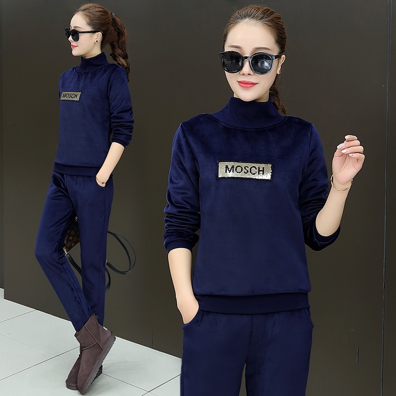 Bộ quần áo nhiều món Size lớn M-3xl💖💜Vớ thu đông ấm áp cao cấp👚+👖Set áo thun dài tay cổ cao + quần dài thời trang nữ