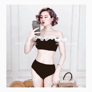 𝗛𝗥𝟮𝟭 Đồ Bơi Nữ Bikini 2 Mảnh Đi Biển Trệt Vai Pha Bèo Trắng- [Vải Hàn Quốc]