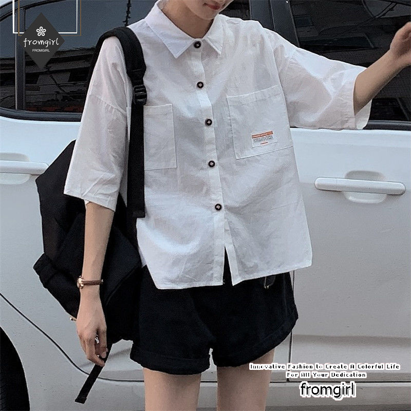 Áo Sơ Mi Tay Ngắn Dáng Rộng Phong Cách Hàn Quốc Cho Nữ