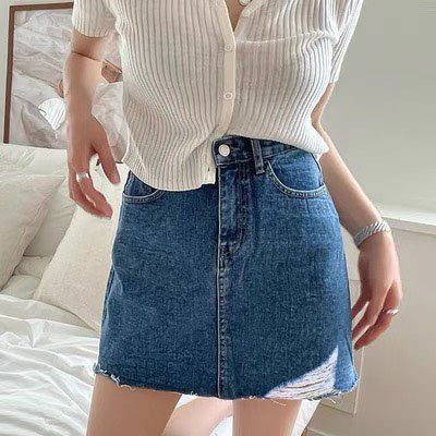 [60kg-90kg] Quần váy jeans BigSize co dãn mạnh phom A nhẹ, lưng cao trên rốn, có quần trong, màu xanh đậm rách kiểu 4290