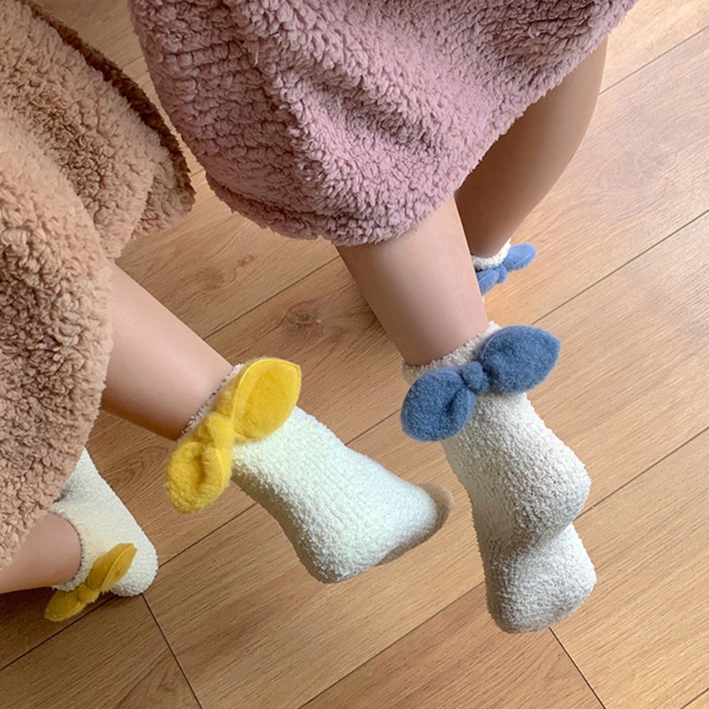 Youyo Vớ Nhung San Hô Dày Dặn Đính Nơ Màu Trơn Ngọt Ngào Phong Cách Hàn Quốc Cho Nữ