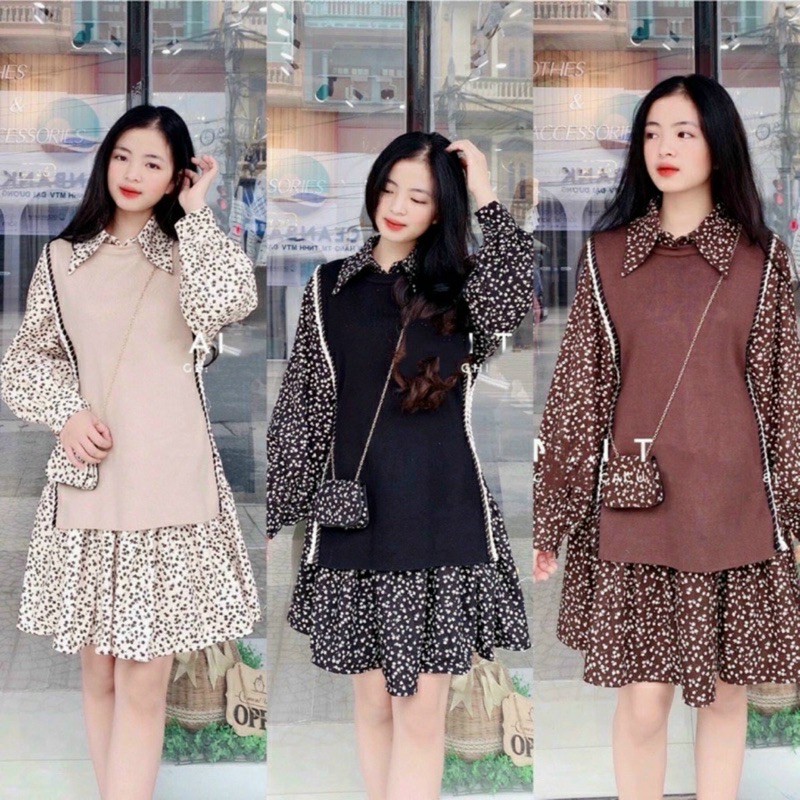 SET ĐẦM HOA NHÍ VÀ GILE LEN PHỐI MÀU SIÊU XINH HÀNG QCCC