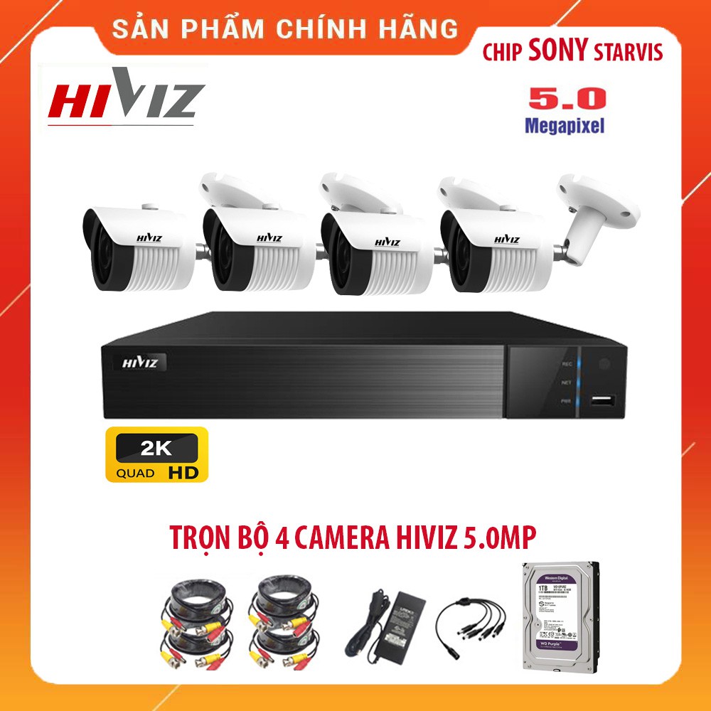 Trọn Bộ Camera giám sát HIVIZ 5.0MP chính hãng ,Đủ bộ 4 mắt 5.0MP, Kèm HDD 500GB và đầy đủ phụ kiện lắp đặt