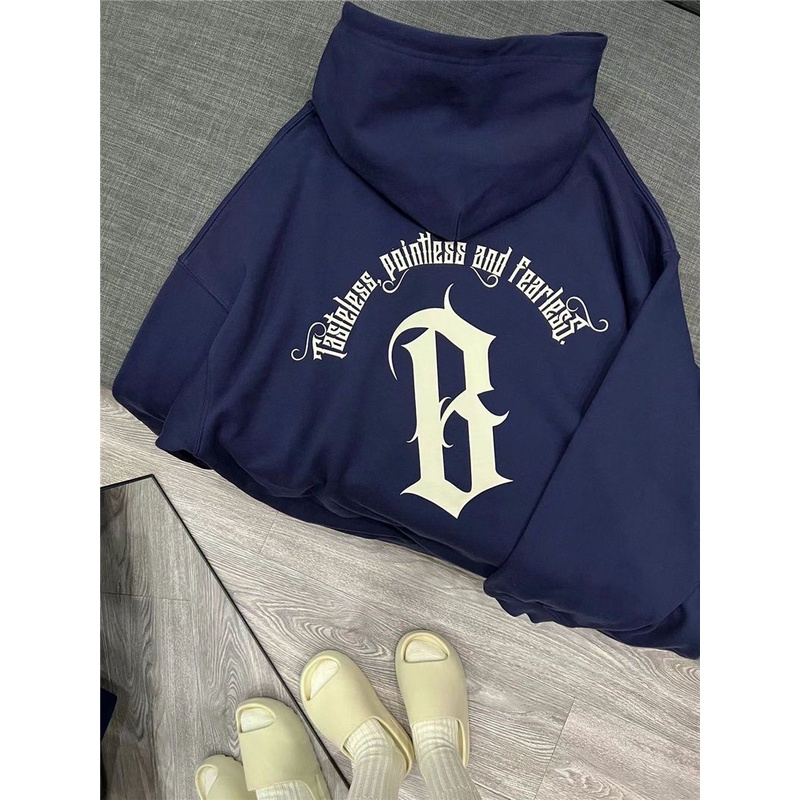 Áo Hoodie Tay Dài Dáng Rộng Màu Xanh Navy Phong Cách Retro Mỹ