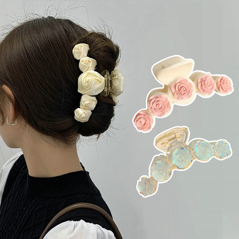 Thẻ Kẹp Tóc Hình Nơ Màu Hồng Đào Phối Hoa Hồng Trắng Phong Cách Nhật Bản Dành Cho Bé Gái