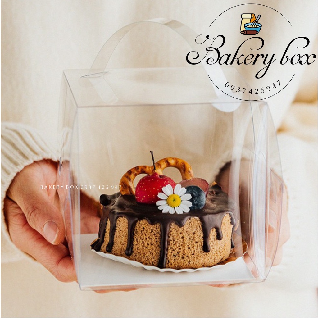 10 Hộp Mica Trong Đựng Bánh Kem Mini Có Quai Xách (15*15*15)