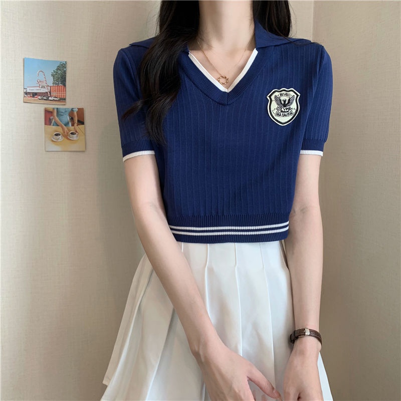 Áo Thun Dệt Kim Tay Ngắn Cổ Polo Vải Lụa Lạnh Kiểu Phương Tây Thời Trang Mùa Hè 2022