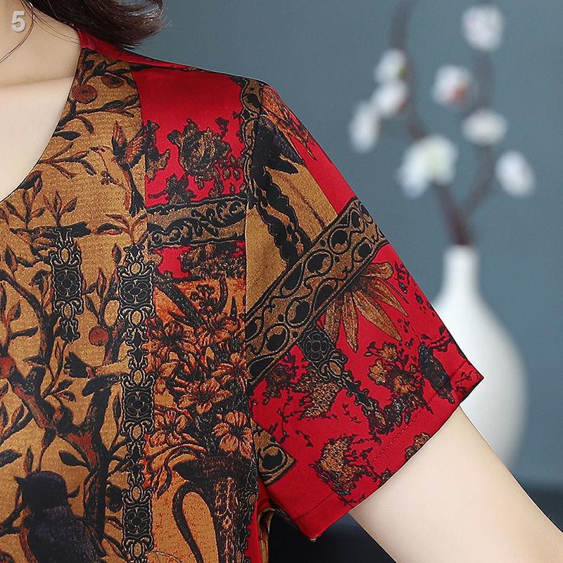 Giả lụa in đầm retro mùa hè mới dài ngắn tay áo trung niên váy
