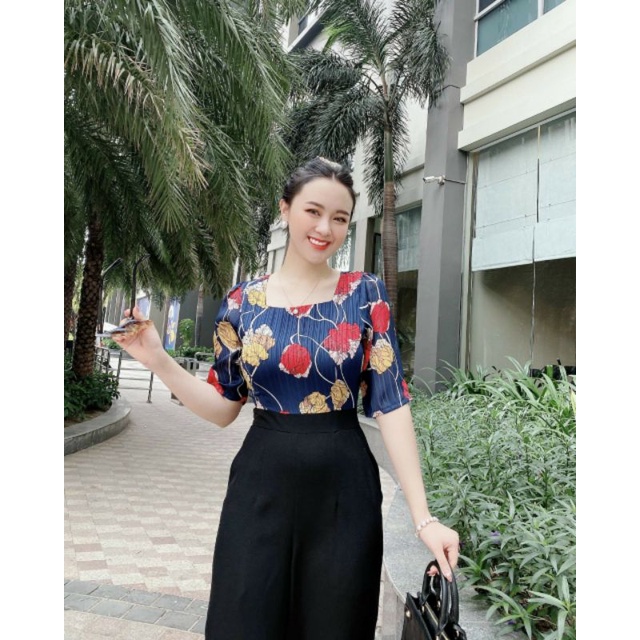 Thiết kế - Jumpsuit dài ống suông tay ngắn, bộ jum đồ bay dài cổ vuông sành điệu