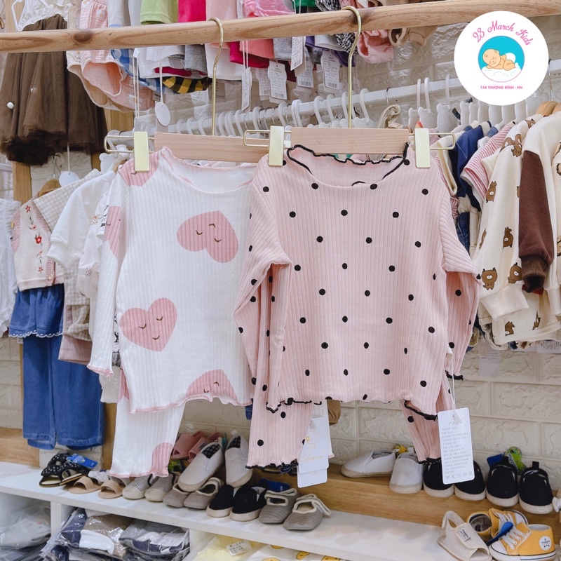 Bộ đồ ngủ thun gân chấm bi+ tim hàng QC cho bé gái