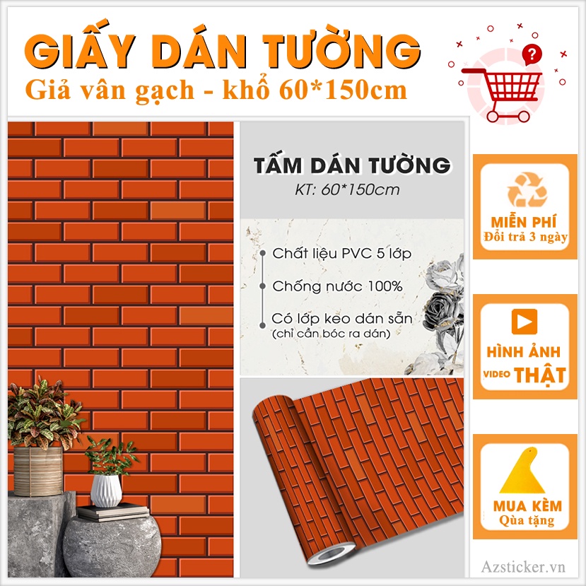 Decal Dán Tường Giả Gạch Màu Ngói  - Giấy Dán Tường Chống Bám Bẩn Kích Thước 60 * 150Cm