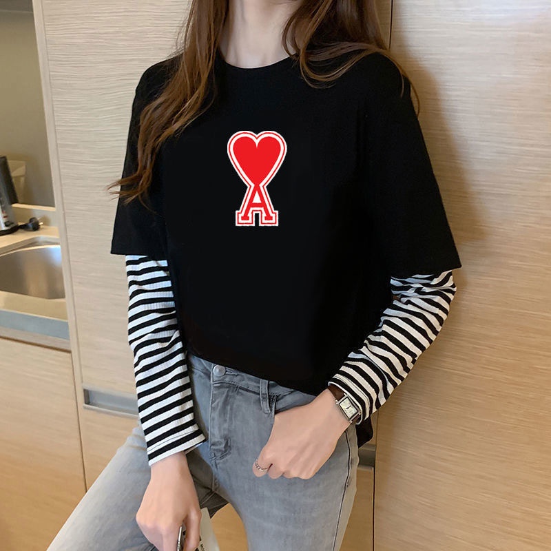 Áo Thun Tay Dài Giả Hai Lớp Dáng Rộng Phong Cách Harajuku Dễ Phối Đồ Thời Trang Mùa Thu Cho Nữ