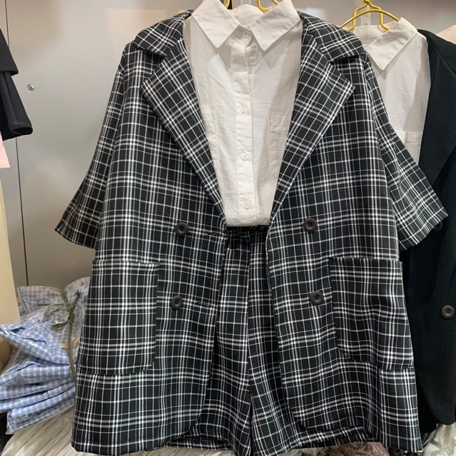 SÉT ÁO BLAZER KÈM QUẦN SOOC KẺ CARO SIZE S M