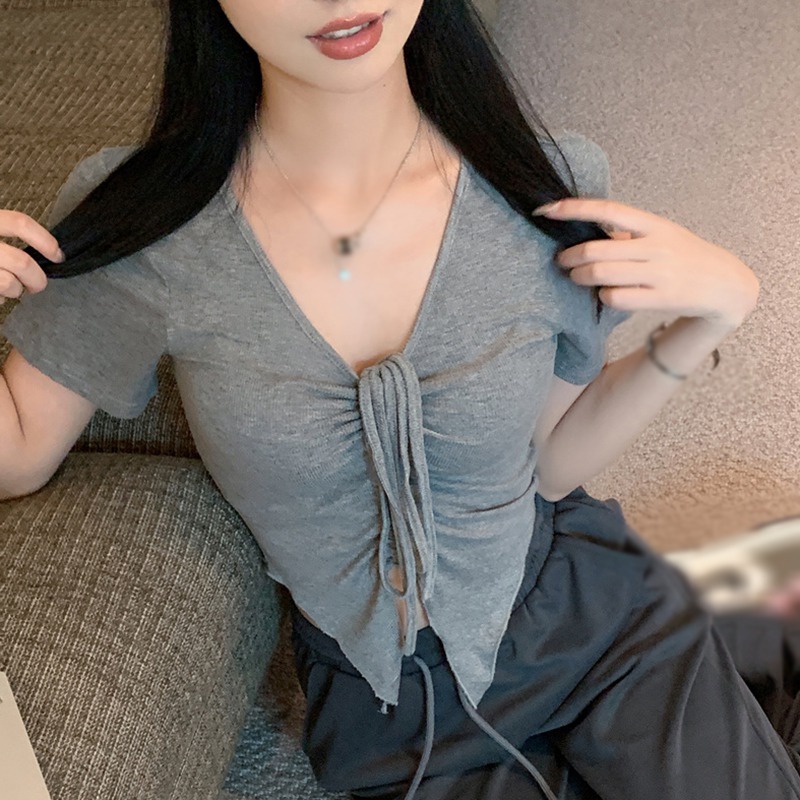 Áo Thun Crop Top Tay Ngắn Cổ Chữ V Màu Sắc Đơn Giản Phối Dây Rút Phong Cách Hàn Quốc Cho Nữ