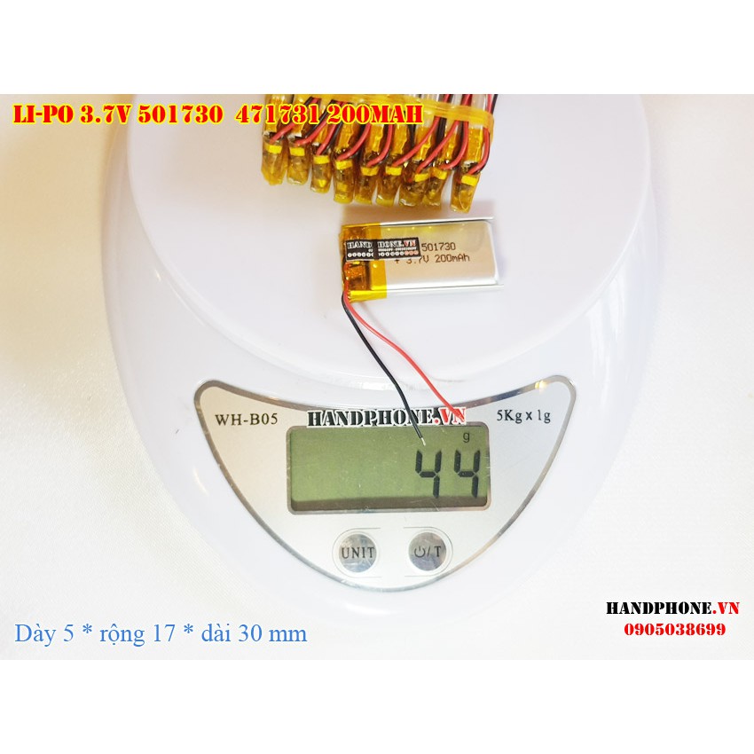 Pin Li-Po 3.7V 200mAh 501730 471731 (Lithium Polymer) cho tai nghe Bluetooth, loa Bluetooth, định vị GPS, máy nghe nhạc