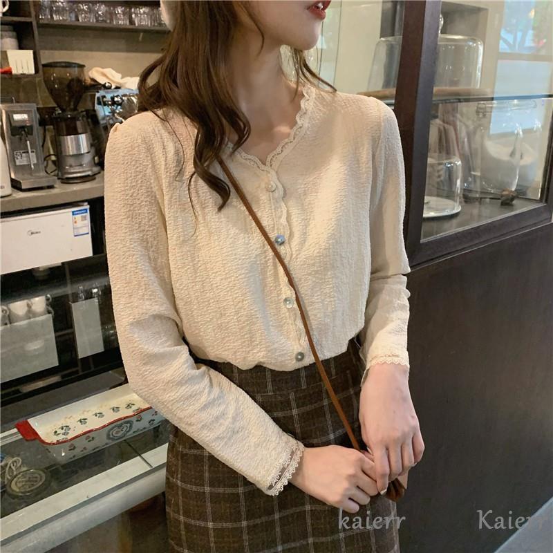 Áo sơ mi cổ chữ V xếp ly phối ren phong cách Hàn Quốc ngọt ngào