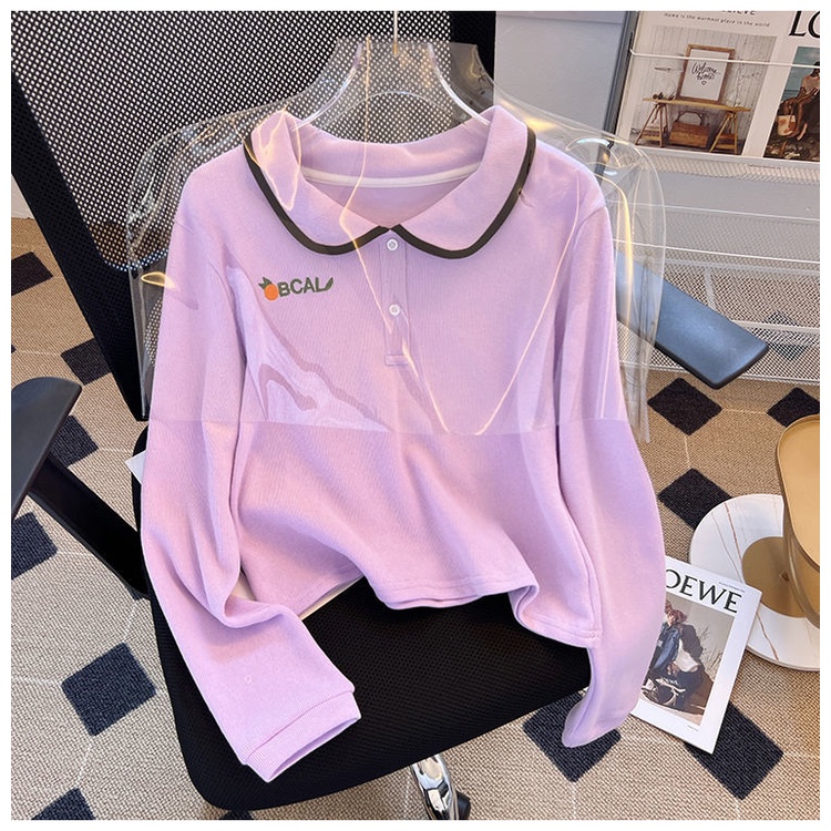 Áo Thun Lửng Tay Dài Có Cổ Thêu Chữ Thời Trang Mùa Thu Mới Cho Nữ